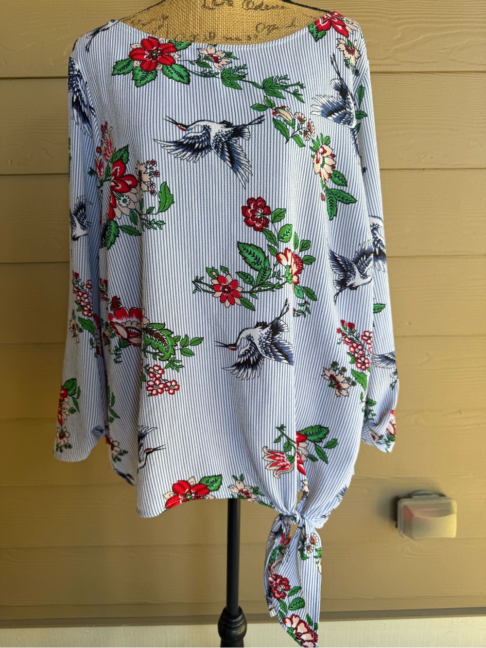 Status by Chenault 2X Crane Floral Stripe Side Tie Blouse Cottagecore Boho USA